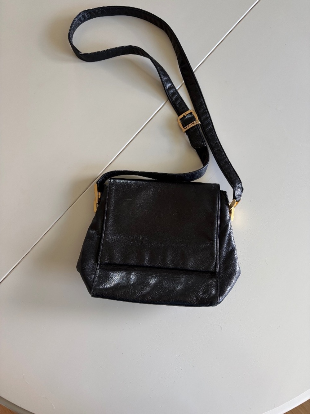 Perlina New York Vintage Black Leather Crossbody Shoulder Bag